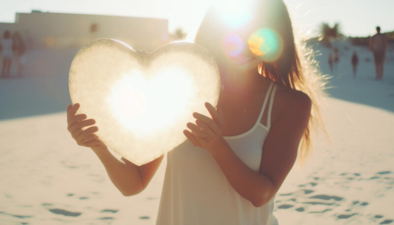 Nainen pitelee kädessä sydämenmuotoista aurinkoa