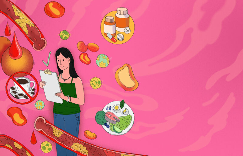 Vaaleanpunapohjainen piirroskuva naisesta, joka pitelee kädessään taulukkoa. Ympärillä leijailee eri ruoka-aineita, lääkkeitä ja tukkeutuneita verisuonia.