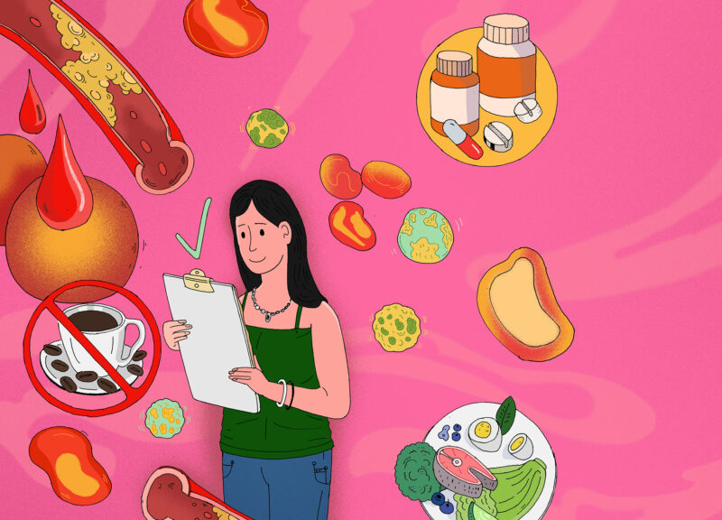 Piirroskuva naisesta, jolla on kädessä taulukko. Ympärillä leijailee eri ruoka-aineita, lääkkeitä ja verisuonia.